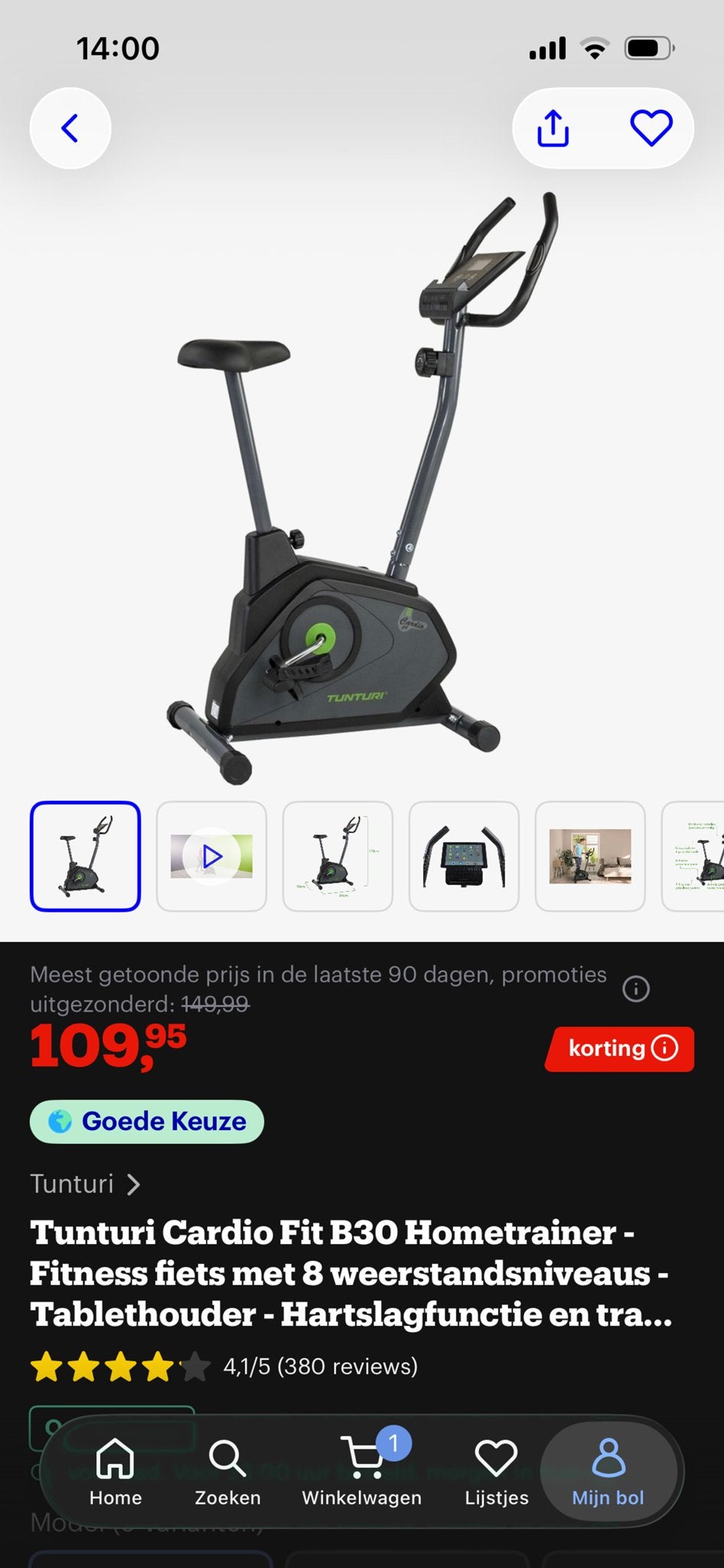 Tunturi Cardio Fit B30 Hometrainer - Fitness fiets, Gebruikt, Ophalen of Verzenden, Metaal, Benen