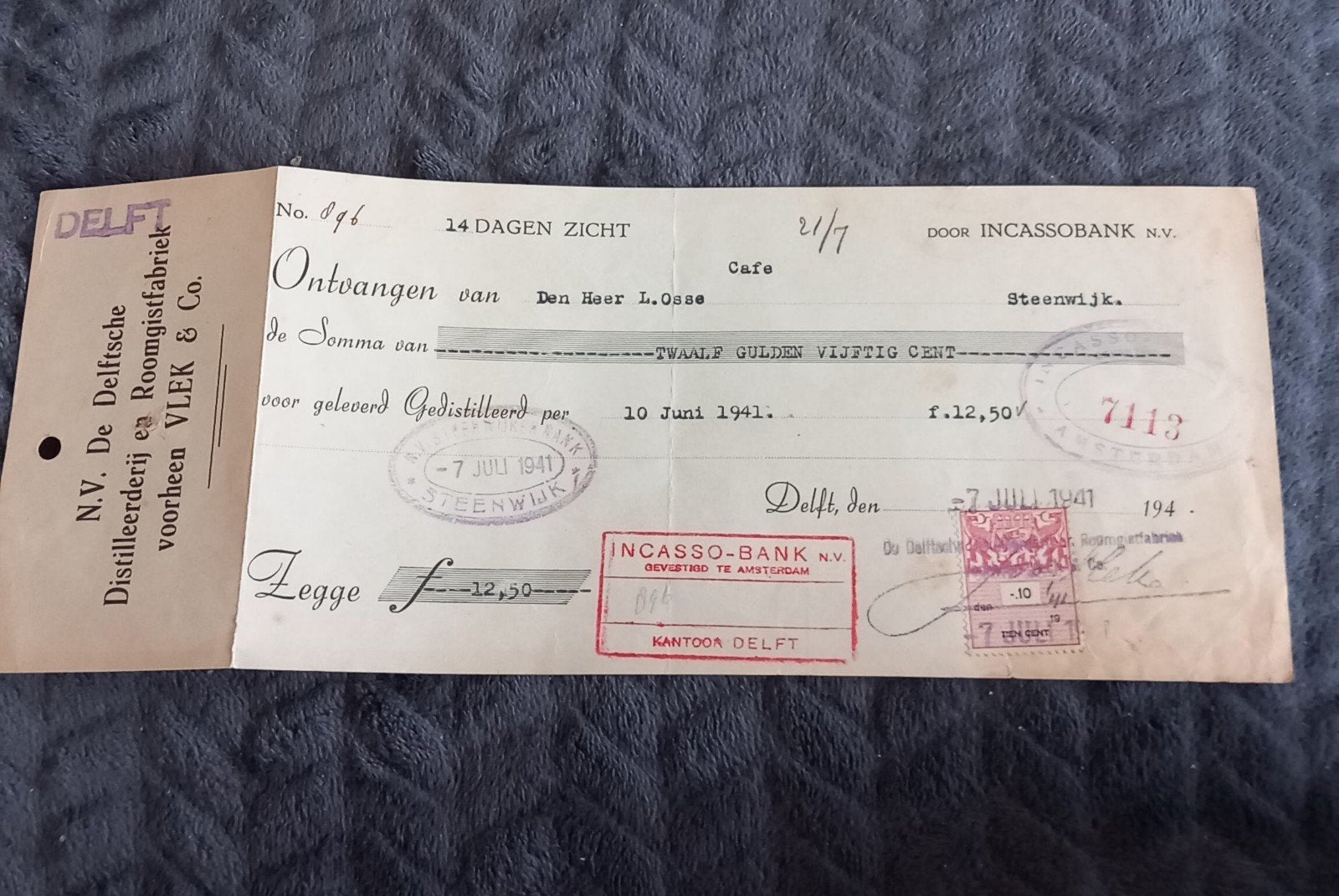 Kwitantie Distilleerderij Vlek & Co Delft Jenever WO II, Ophalen of Verzenden, Gebruikt, Gebruiksvoorwerp