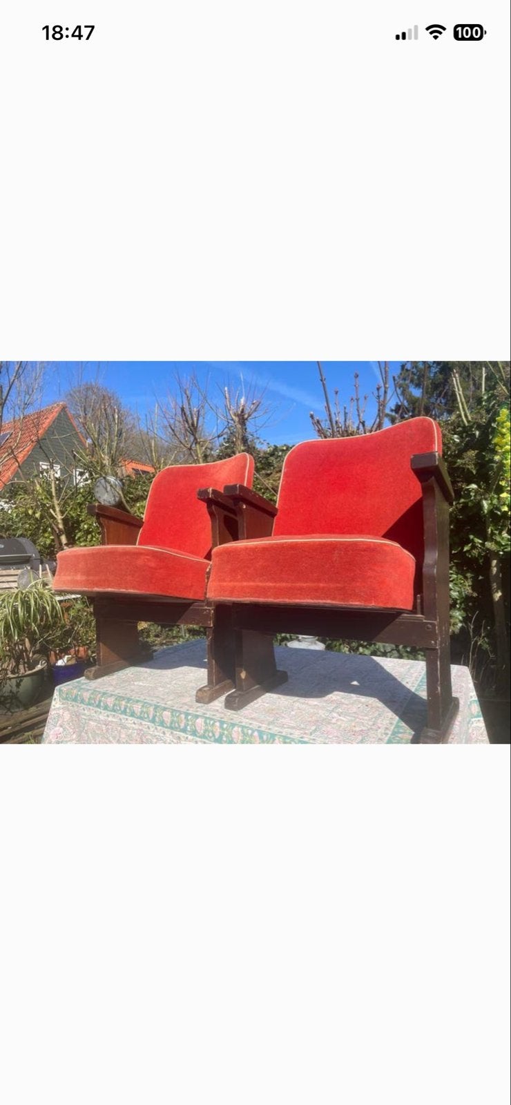Twee authentieke theaterstoelen - rood, Antiek en Kunst, Ophalen