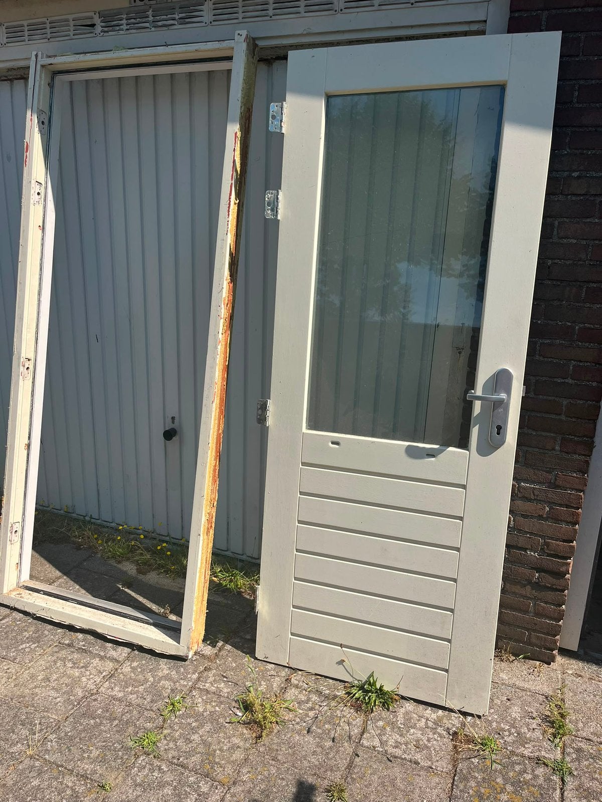 Massief hard houten deur met kozijn, Gebruikt, Deurkozijn, 150 tot 225 cm, Inclusief glas