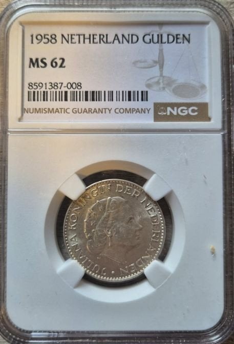 1958 Nederland Gulden MS 62 - Koningin Juliana zeldzaam, Ophalen of Verzenden, Koningin Juliana, 1 gulden, Losse munt