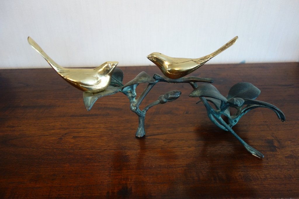 Kunst, vogels, bronzen mussen op een tak., Antiek en Kunst, Ophalen of Verzenden, Metaal, Beeld, Vogel