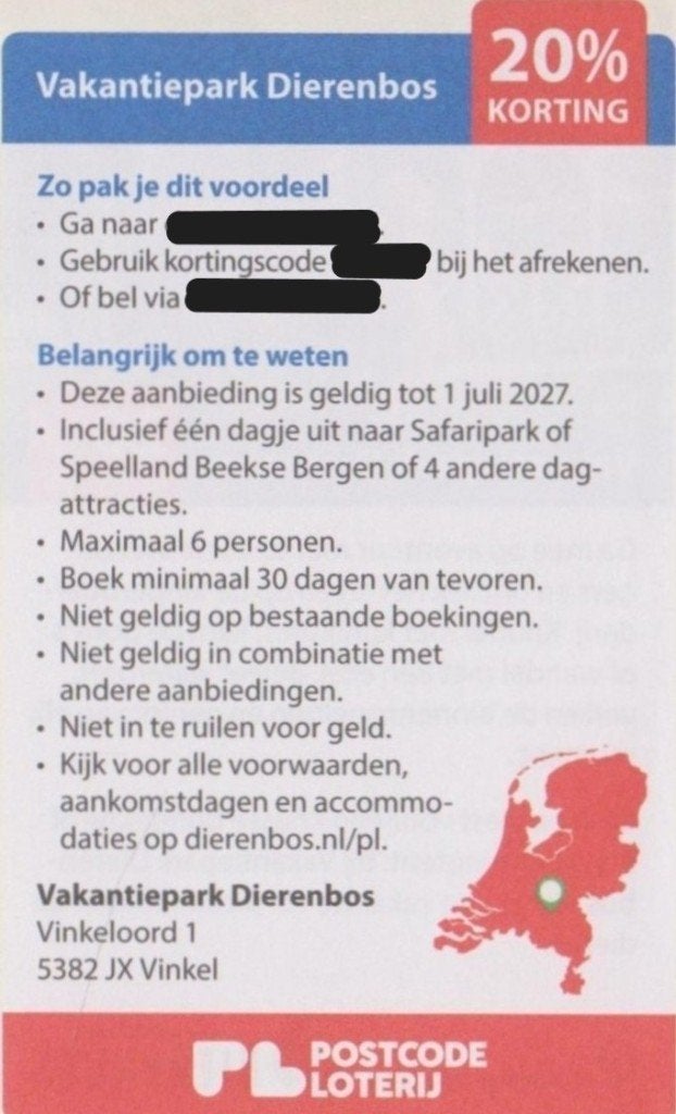 Vakantiepark Dierenbos. Vinkel. 20% korting. Postcode bon., Drie personen of meer, Kortingsbon, Bungalowpark