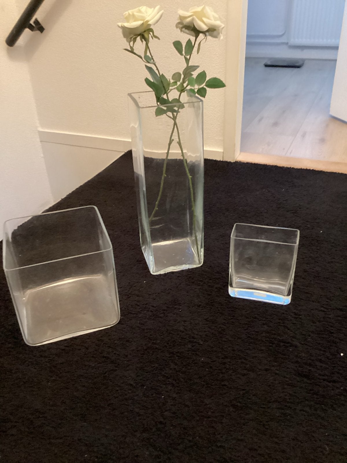 Set van 3 glazen vazen - rechthoekig en vierkant, Huis en Inrichting, Ophalen, Gebruikt, Transparant, Glas