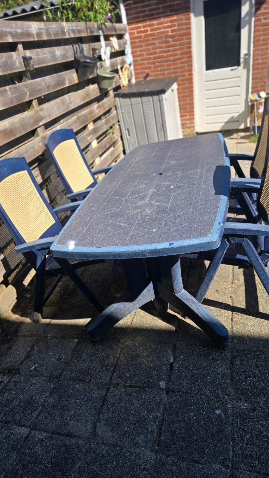 Hartmann uitschuifbare tuintafel + verstelbare stoelen, Ophalen, Gebruikt, Rechthoekig, Kunststof