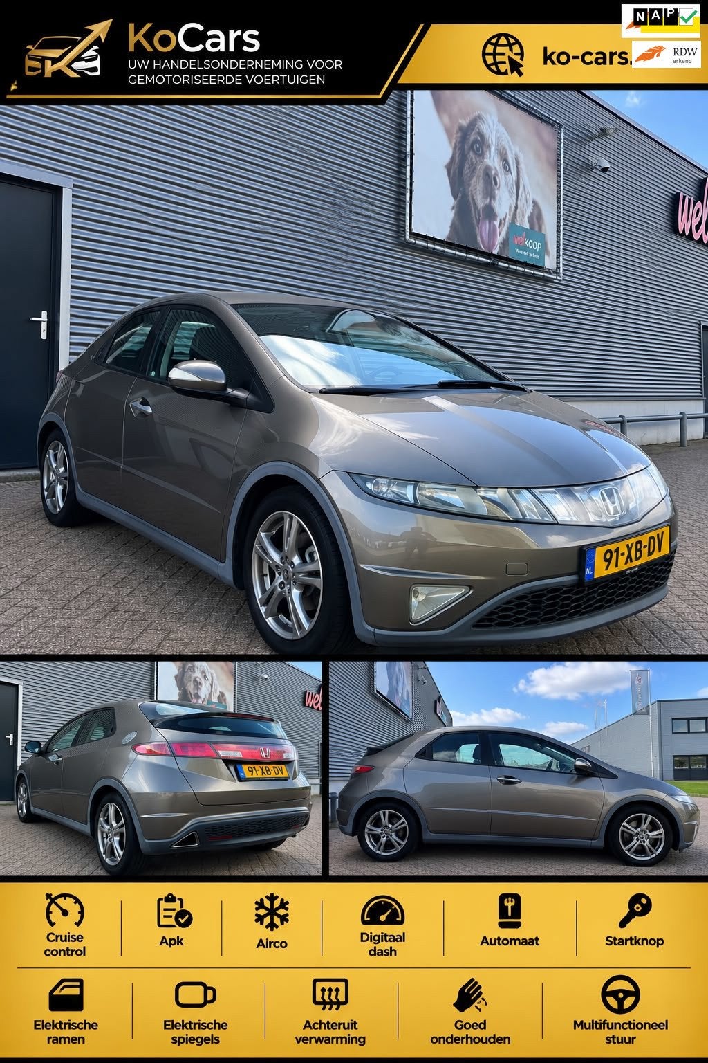 Honda Civic / Apk / Automaat / Airco / Cruise control, Auto's, Gebruikt, 4 cilinders, 49 €/maand, Origineel Nederlands