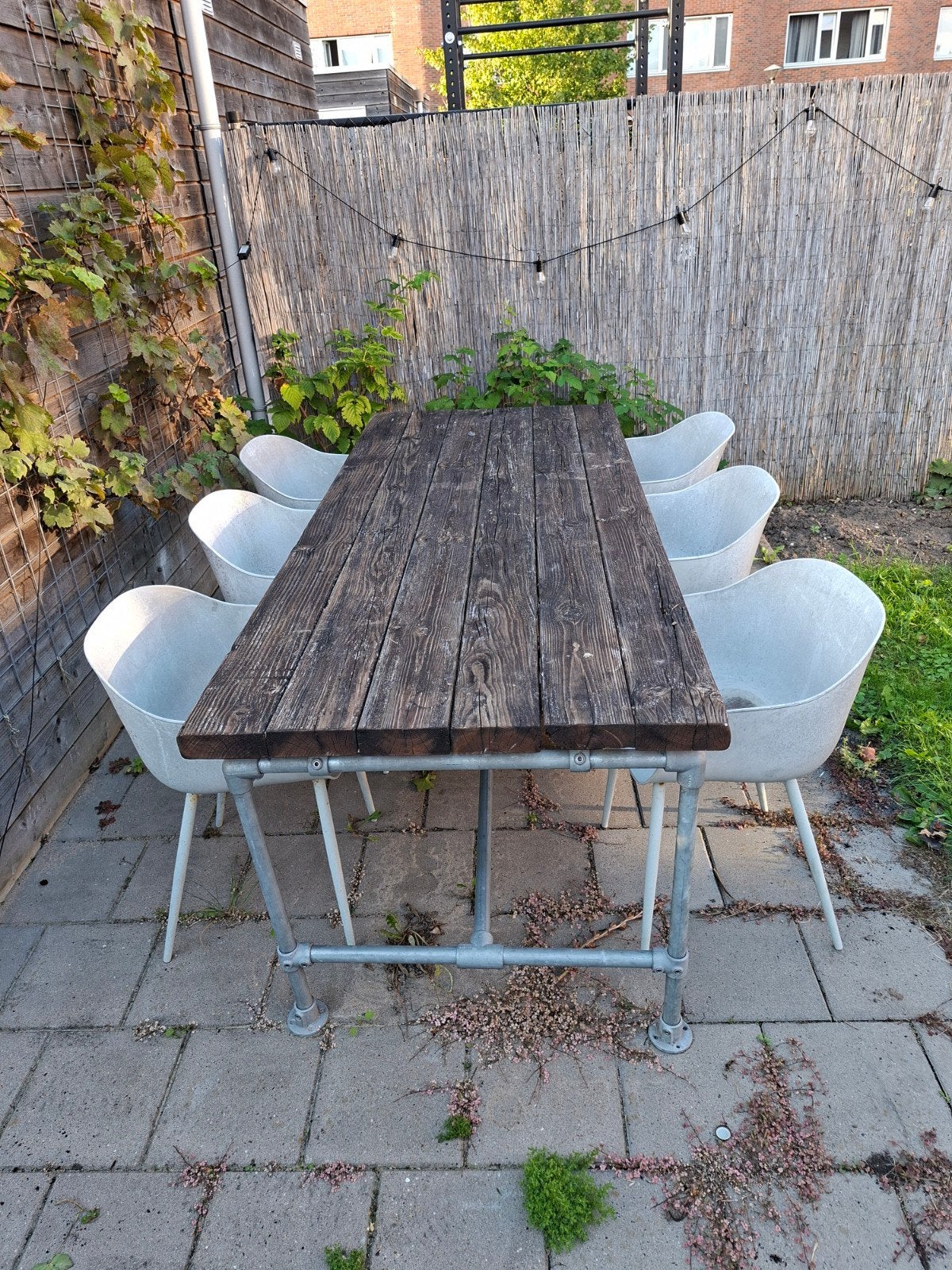 Robuuste tuinset met steigerhouten tafel en 6 stoelen, Ophalen, Gebruikt, 6 zitplaatsen, Steigerhout