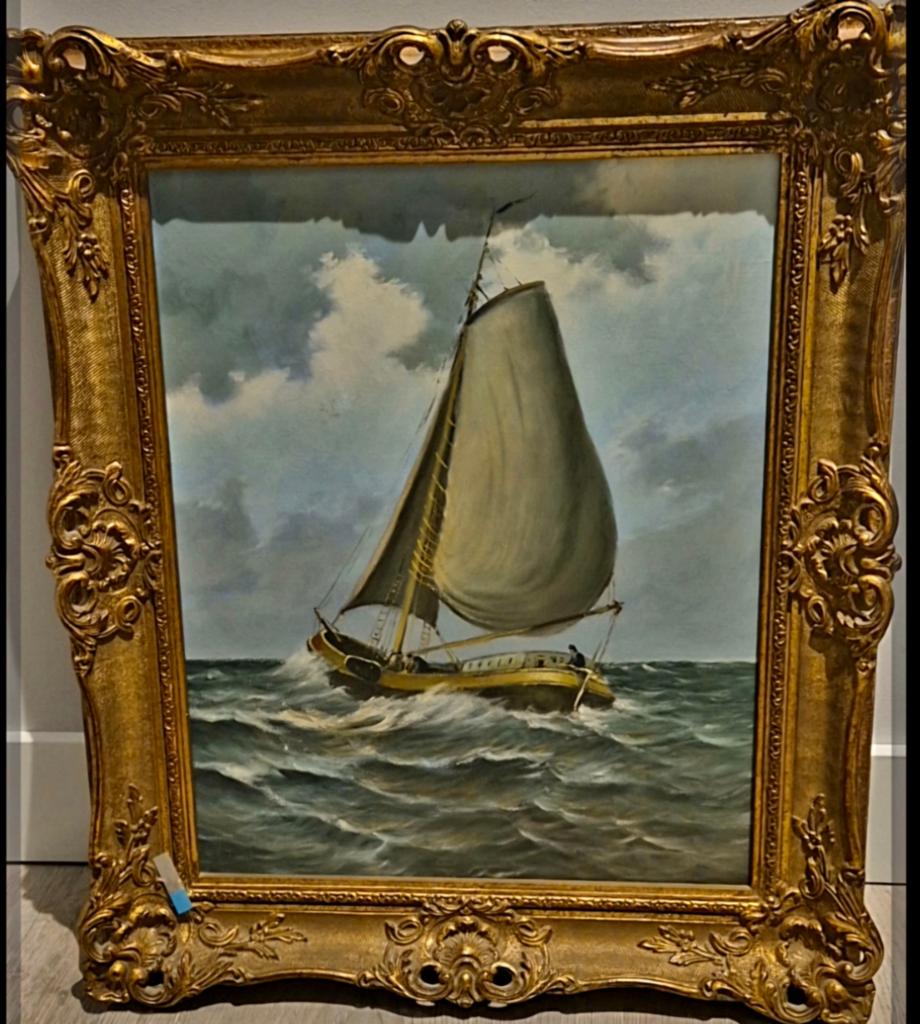 Olieverfschilderij: Zeil / Skûtsje schip  ,sierlijst, Ophalen