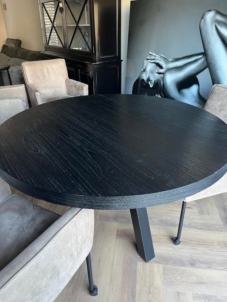 Mango hout eettafel rond zwart, Ophalen, 100 tot 150 cm, Rond, Zo goed als nieuw
