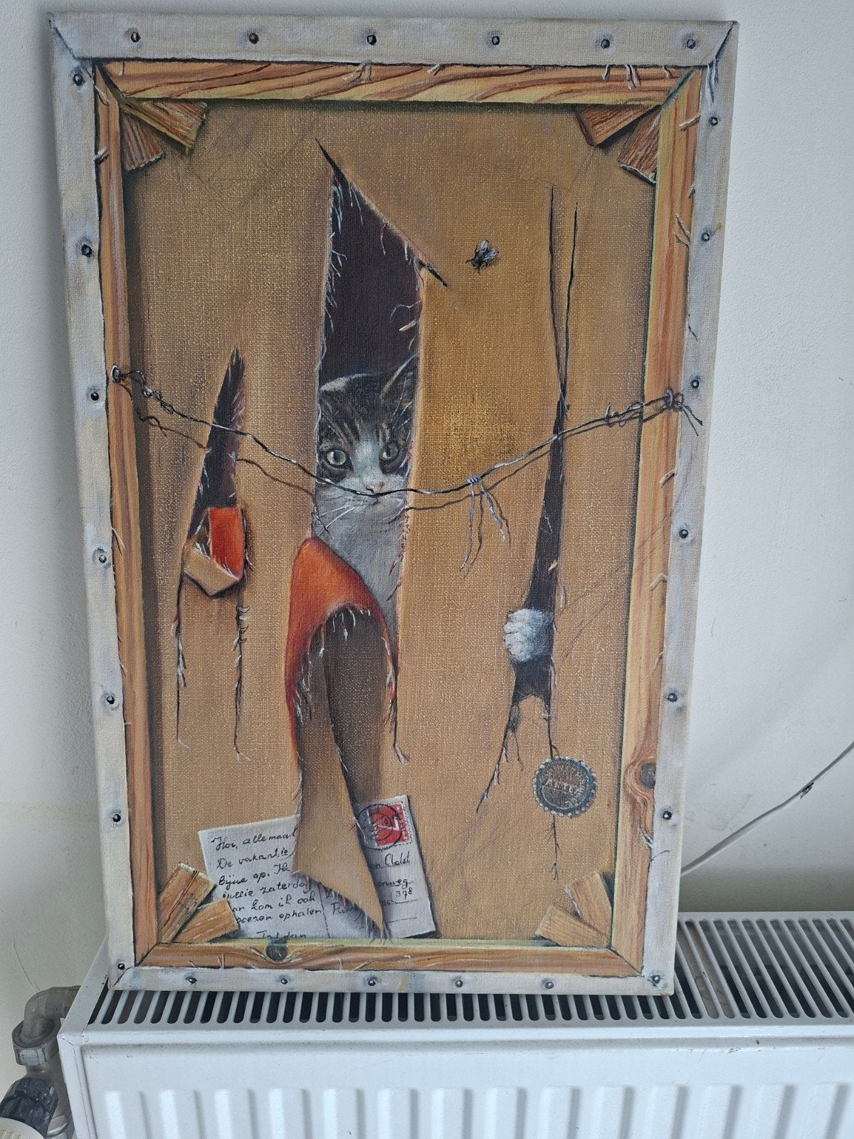 Uniek schilderij van kat, gemaakt door mijn oom, Ophalen of Verzenden, Dieren, Olieverf, Op houten frame