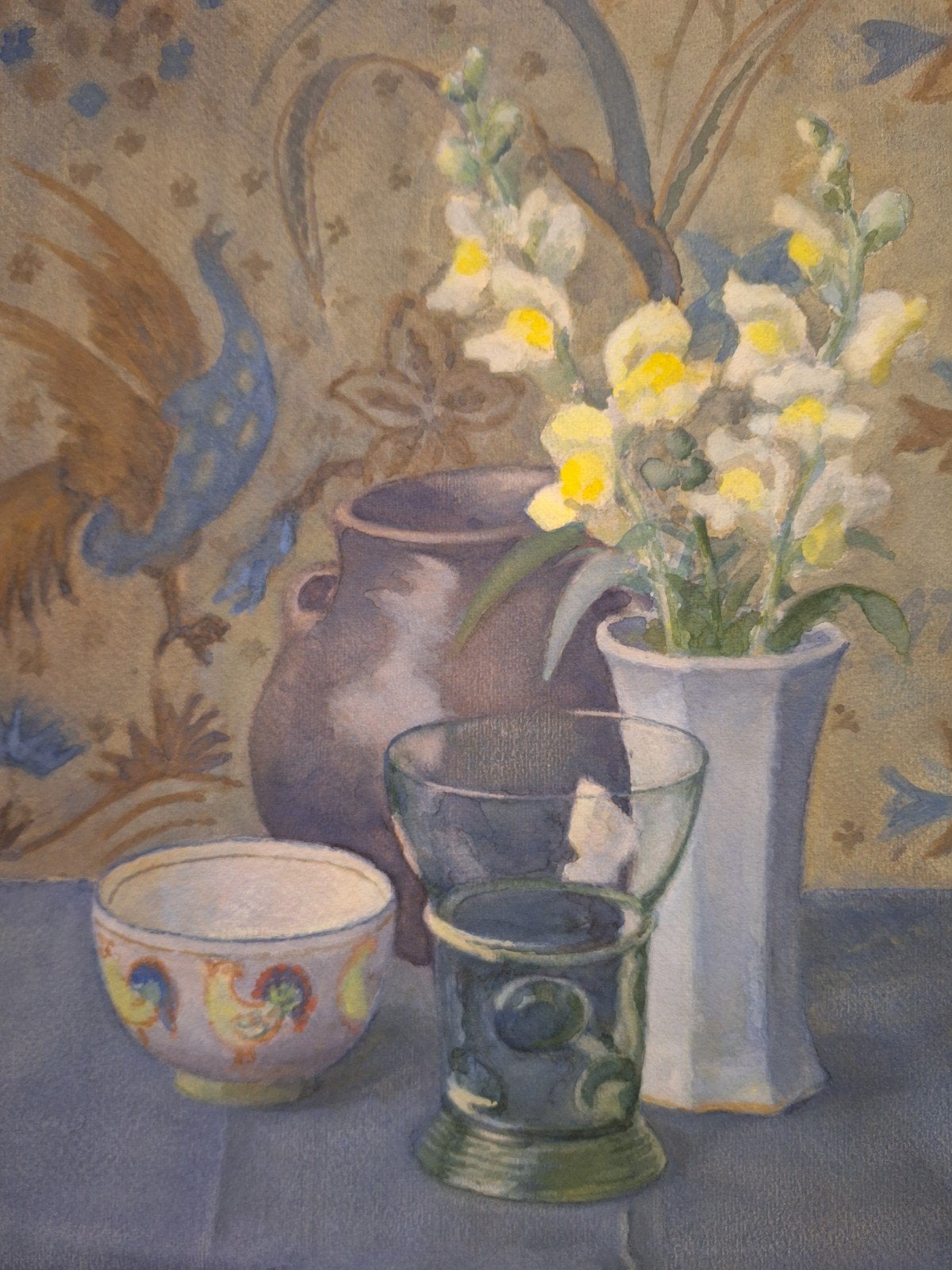 Aquarel Stilleven met Roemer en Bloemen, Antiek en Kunst, Stilleven, Ophalen of Verzenden, Aquarel, Origineel werk