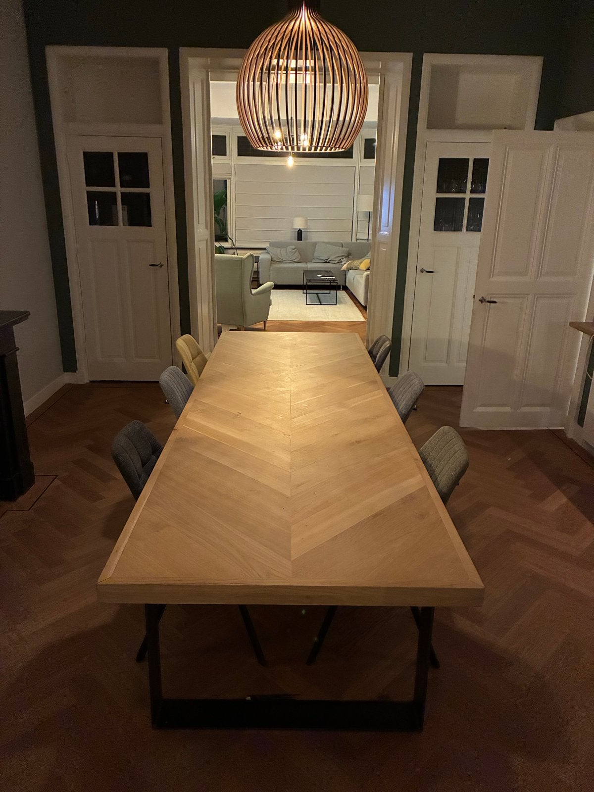 Grote grenen eettafel (300x100 cm) met 6 stoelen, Ophalen, Grenenhout, Gebruikt, 100 tot 150 cm