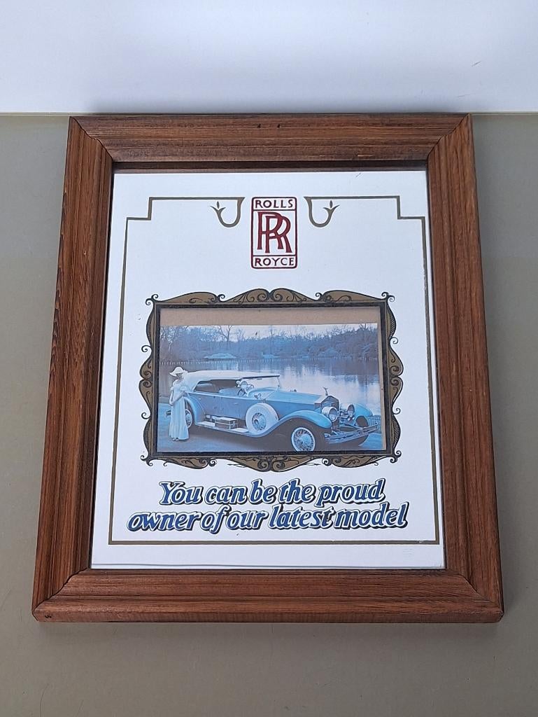 vintage Rolls Royce spiegel met kader v foto eigen oldtimer, Ophalen of Verzenden, Gebruikt, Reclamebord