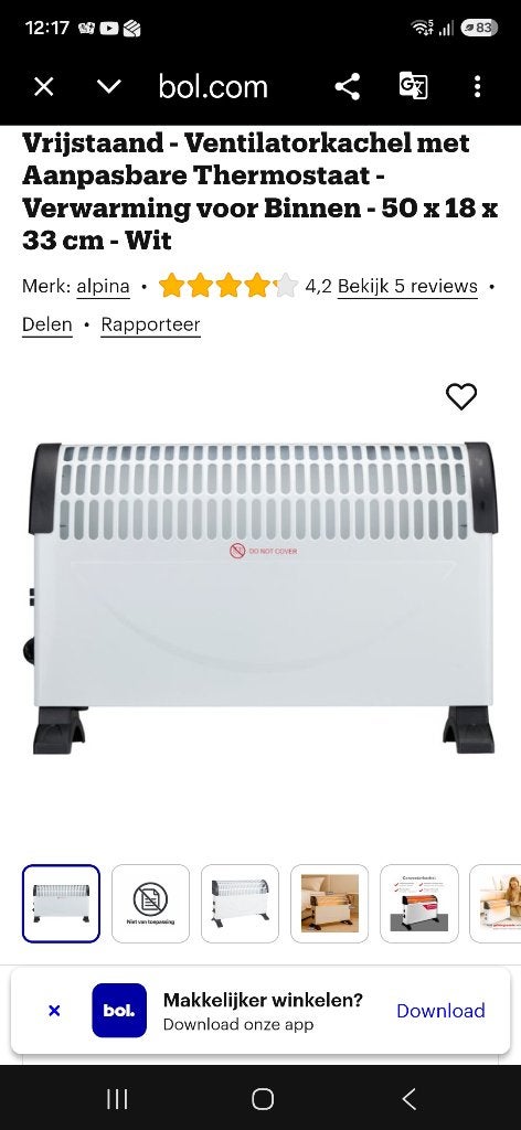Alpina Vrijstaande Ventilatorkachel met Thermostaat - Wit, Ophalen, Zo goed als nieuw