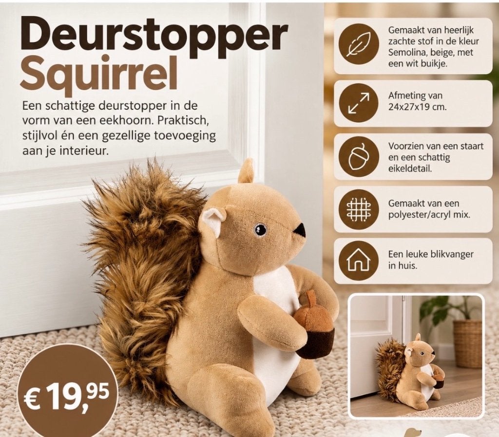 Deurstopper Eekhoorn 24x27x19 cm -  Semolina - beige, Overige materialen, Binnen, Nieuw, Ophalen of Verzenden