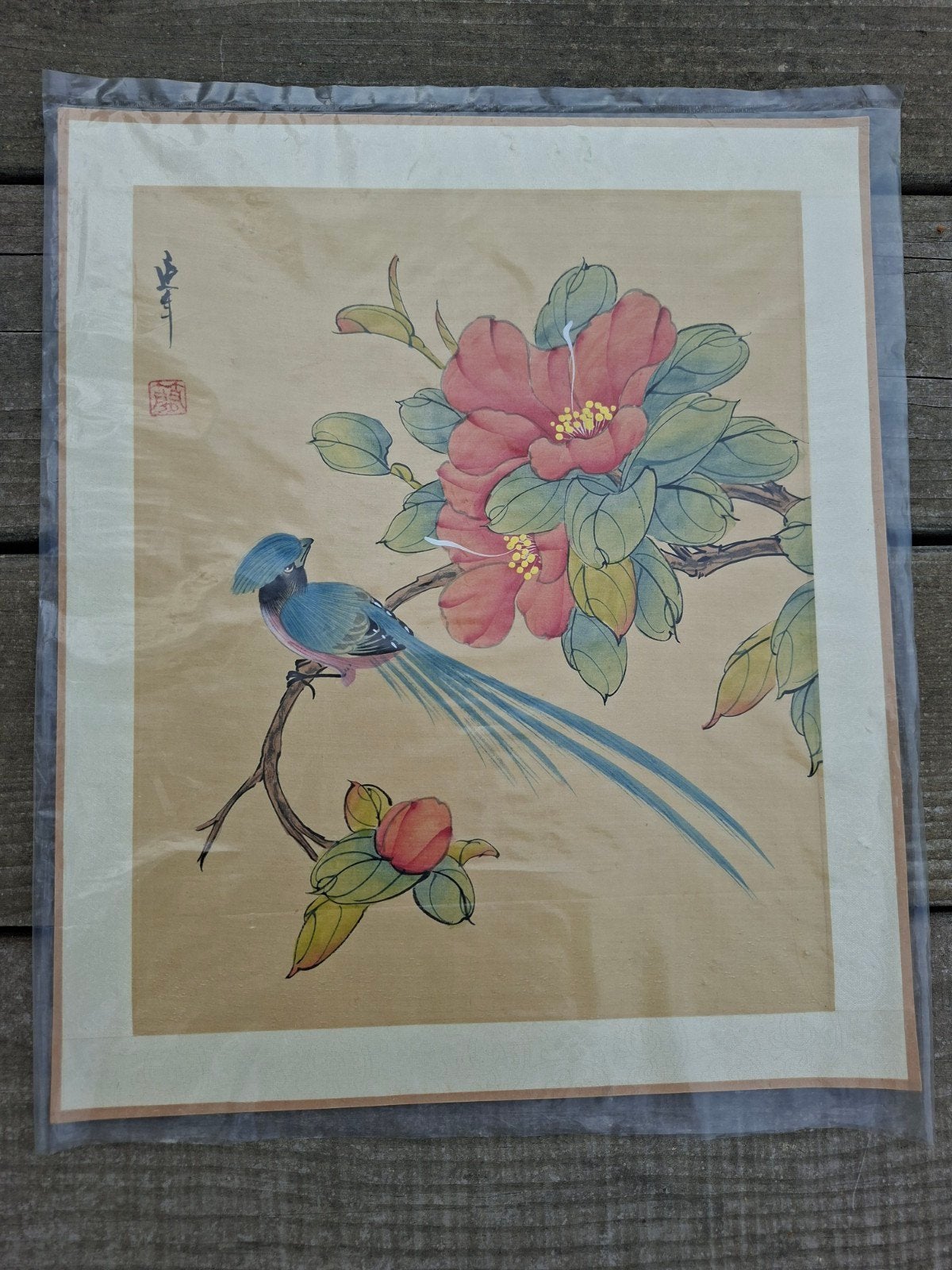 Oosterse schildering: vogel op bloeiende tak, Antiek en Kunst, Kunst | Schilderijen | Klassiek, Ophalen of Verzenden