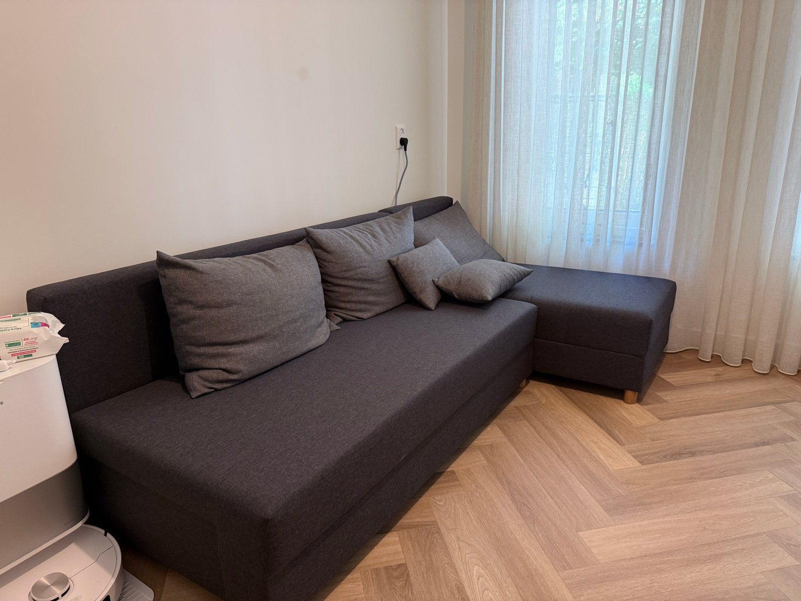 JYSK HAMPEN slaapbank met chaise longue – grijs, Ophalen, 100 tot 125 cm, Driepersoons, Zo goed als nieuw