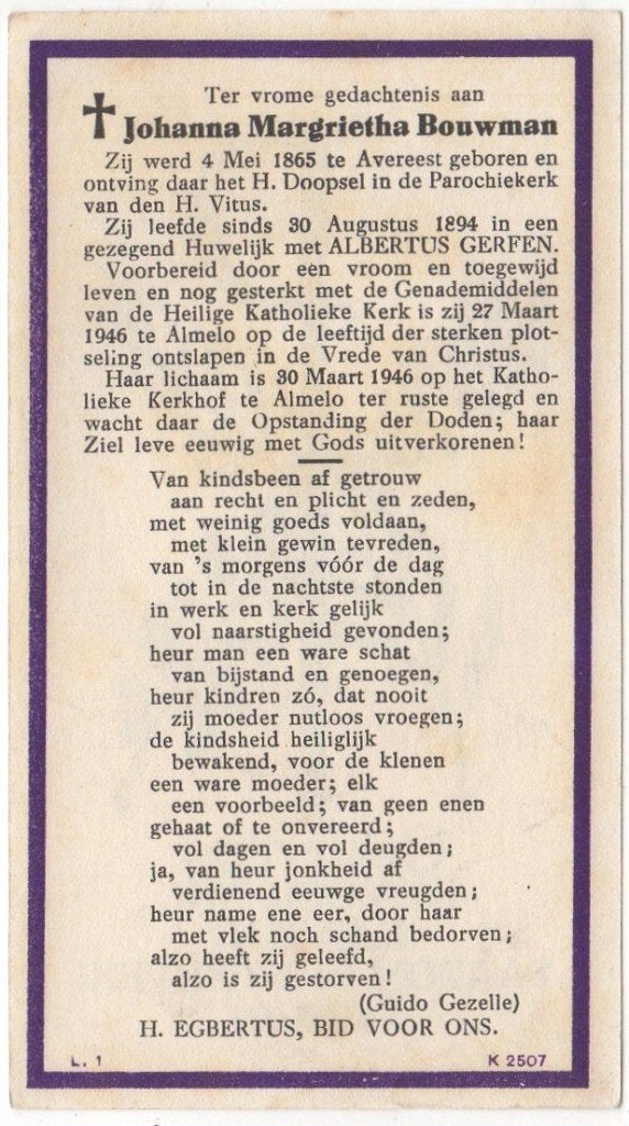 Johanna M. Bouwman 1865 Avereest + 1946 Almelo, 80 jaar oud, Verzamelen, Bidprentjes en Rouwkaarten, Verzenden