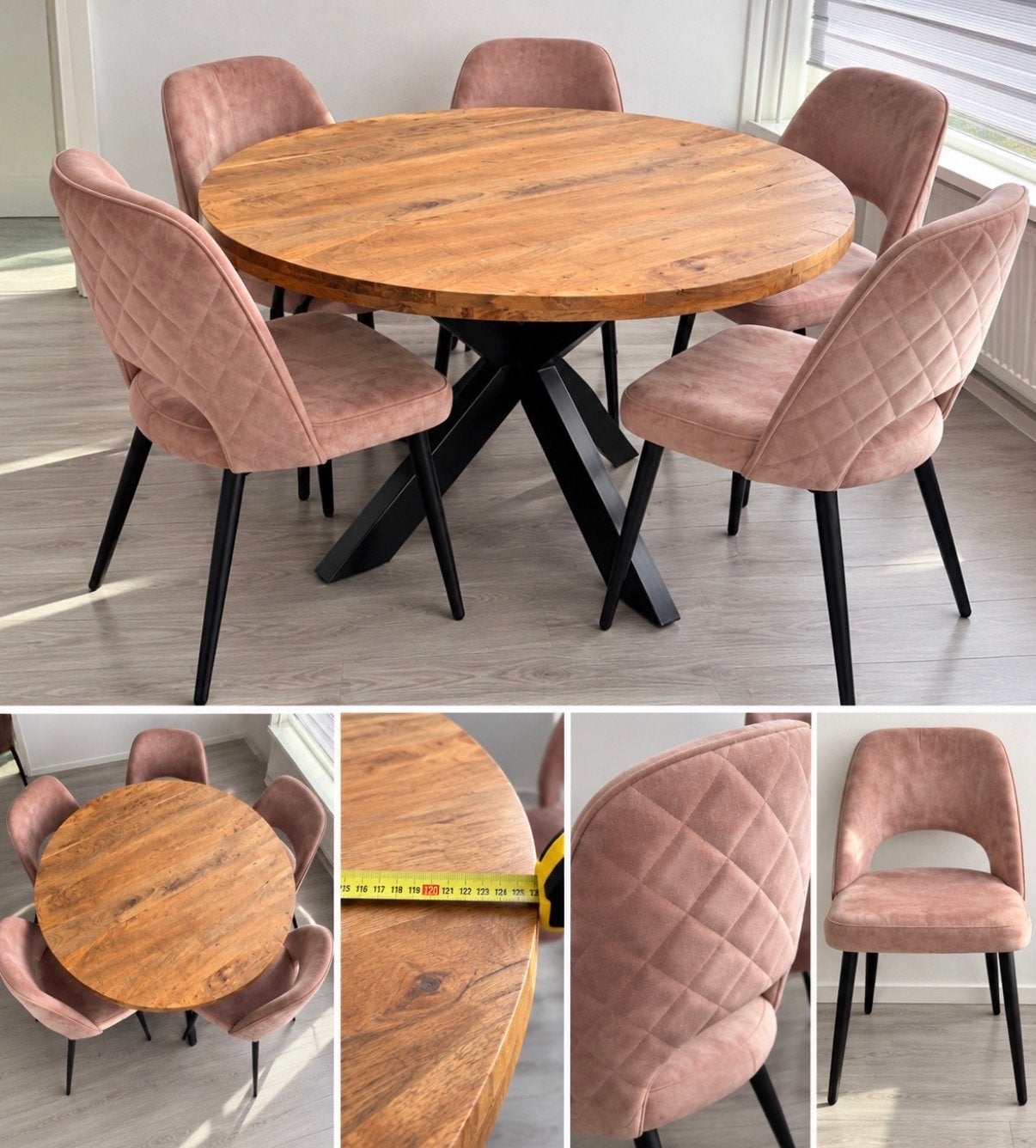 Goossens mangohouten eettafel met 6 beige eetkamerstoelen, Huis en Inrichting, Ophalen, 100 tot 150 cm, Rond, Zo goed als nieuw