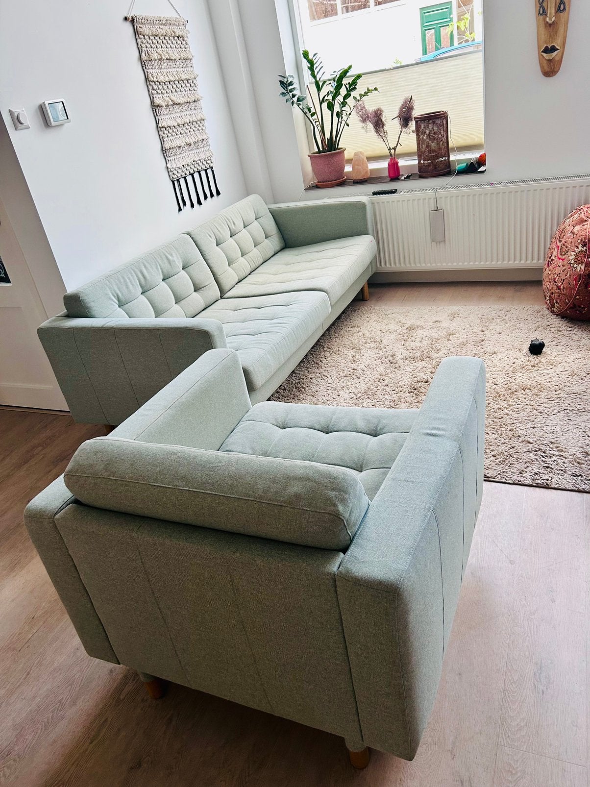 IKEA Landskrona 3-zitsbank & fauteuil lichtgroen/hout, Ophalen, Gebruikt, Driepersoons, 75 tot 100 cm
