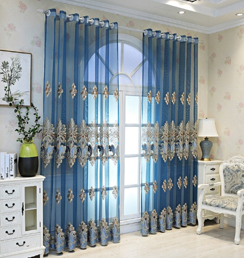 Blauwe Gouden Vitrage / Gordijnen Goud Gordijn Barok Luxe, Huis en Inrichting, Stoffering | Gordijnen en Lamellen, Blauw, Verzenden
