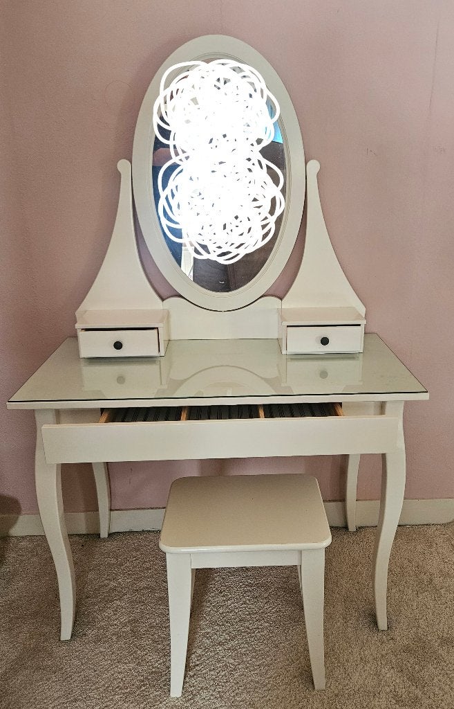 Kaptafel met spiegel, incl. krukje (gebroken wit), Huis en Inrichting, Woonaccessoires | Spiegels, Ophalen, Zo goed als nieuw