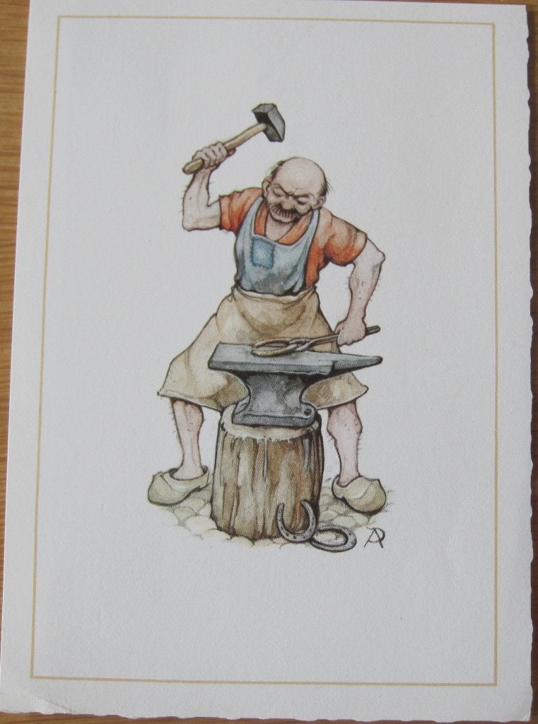 Anton Pieck plaatje van een hoefsmid met aambeeld, Verzamelen, 1980 tot heden, Ophalen of Verzenden, Zo goed als nieuw, Prent