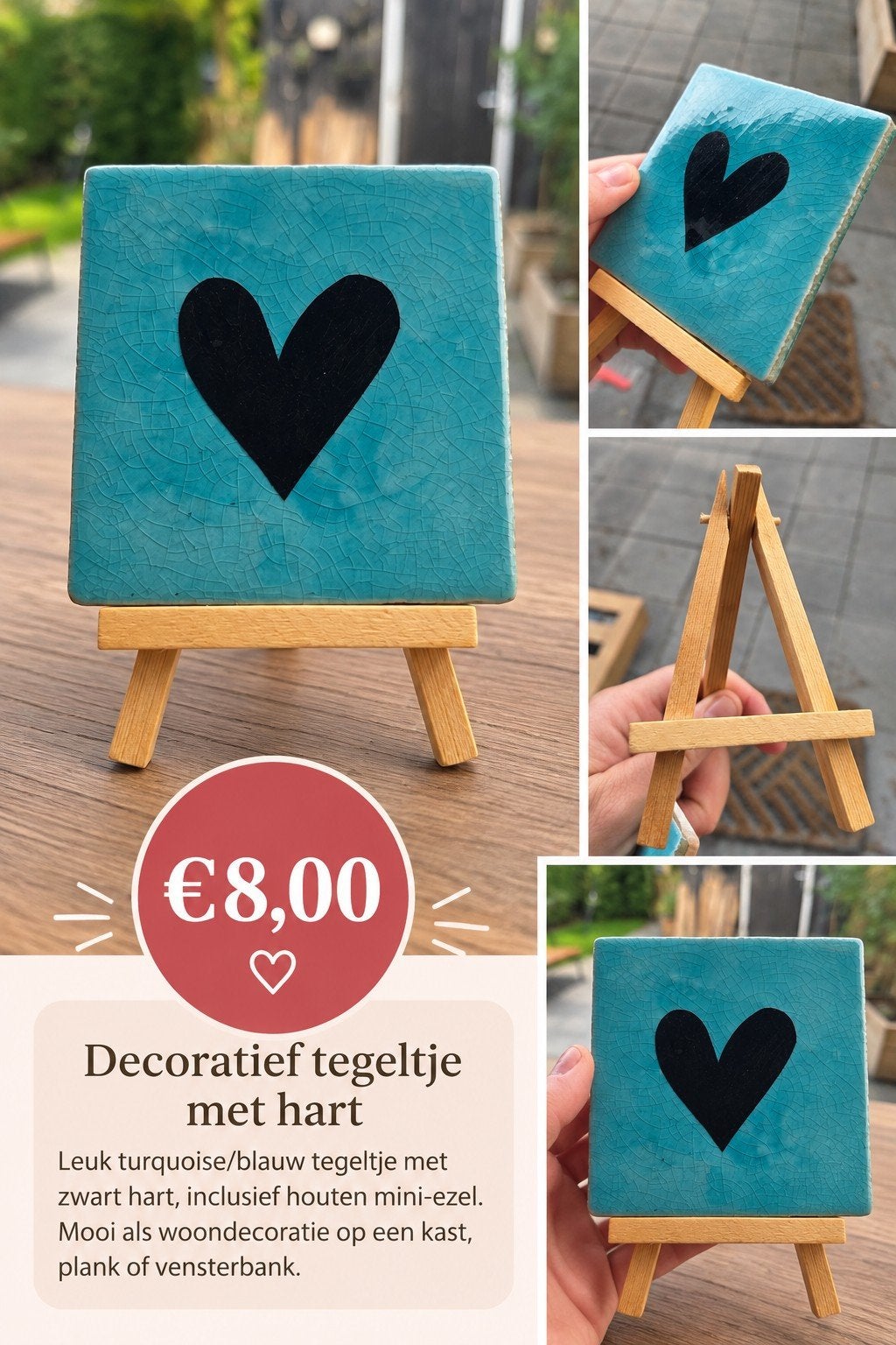 Decoratief tegeltje met hart + houten standaard ezel, Ophalen of Verzenden