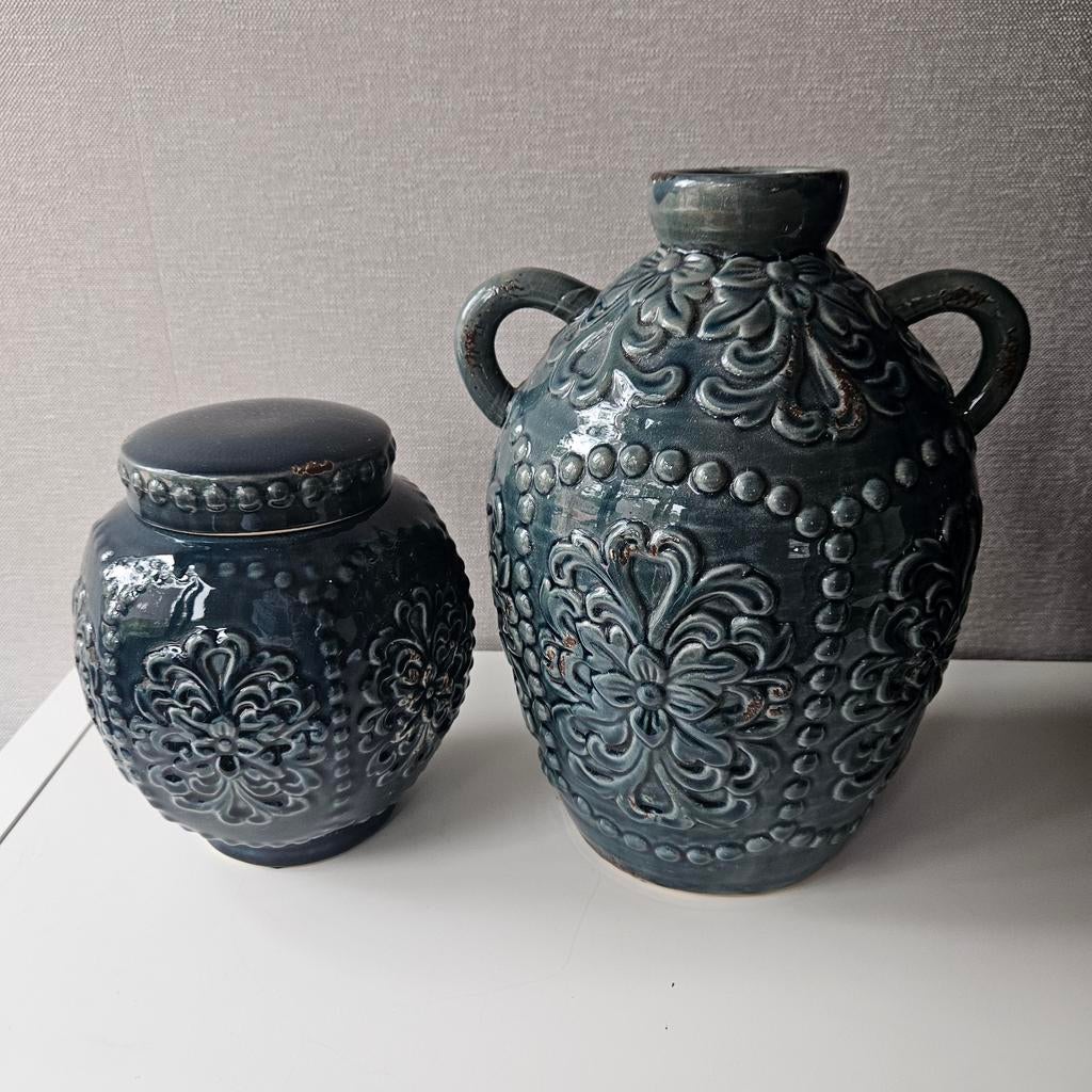 Pot + kruik, Ophalen, Zo goed als nieuw, Blauw, Aardewerk of Porselein