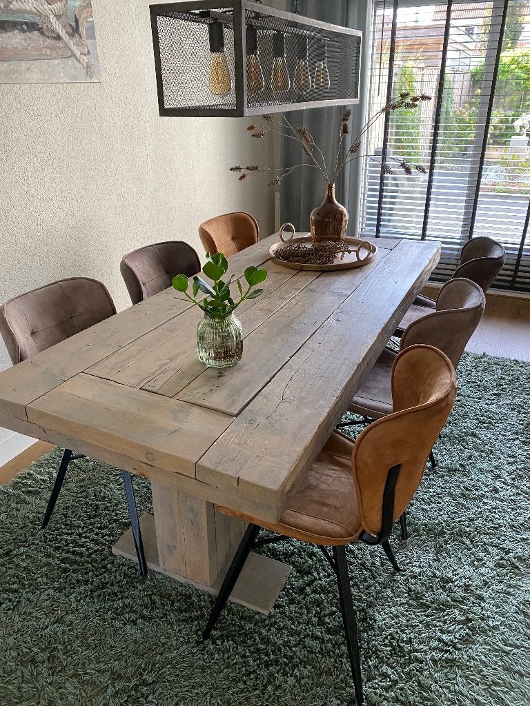 Steigerhouten eettafel 200x90 met 6 Vitani stoelen, Gebruikt, 200 cm of meer, 50 tot 100 cm, Vijf personen of meer