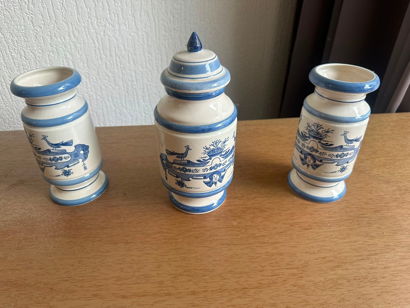 Set van 3 Delfts blauwe vazen/potten met deksel, Antiek en Kunst, Ophalen