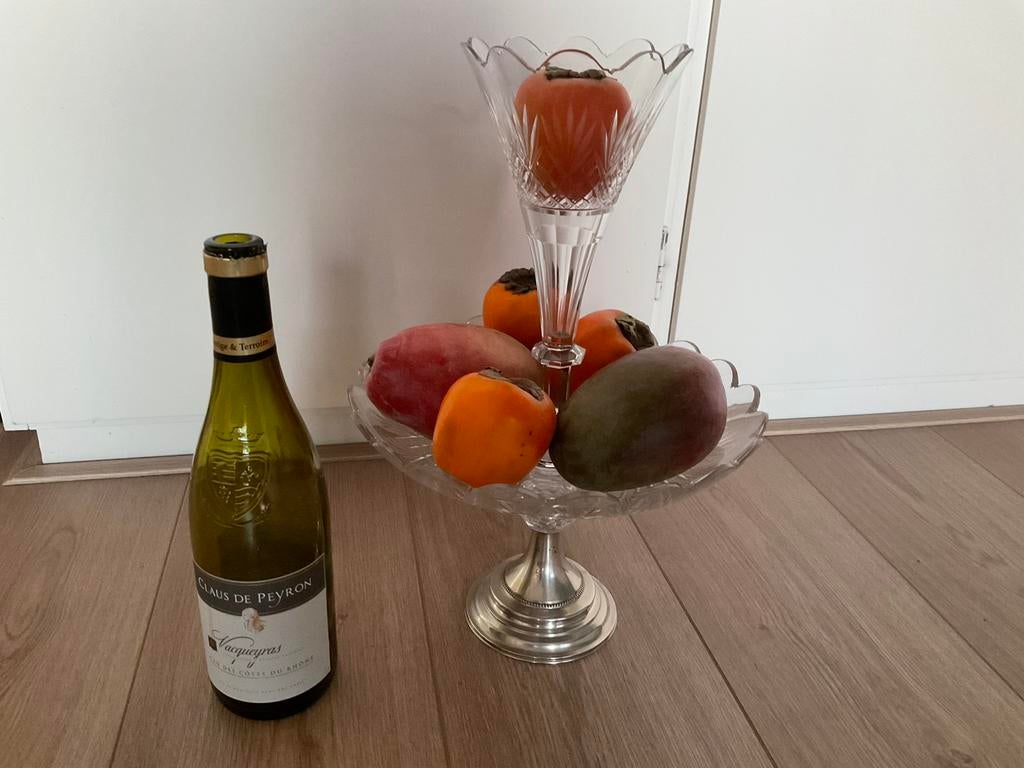 Tweedelig etagere fruitschaal van geslepen kristal en zilver, Ophalen of Verzenden, Zo goed als nieuw