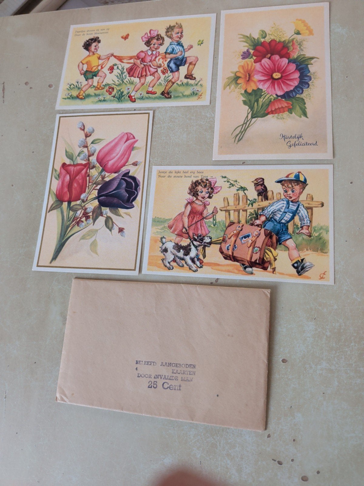 Vintage wenskaarten set - 4 stuks, jaren '40-'60, Verzamelen, Ophalen of Verzenden, 1940 tot 1960, Gelopen