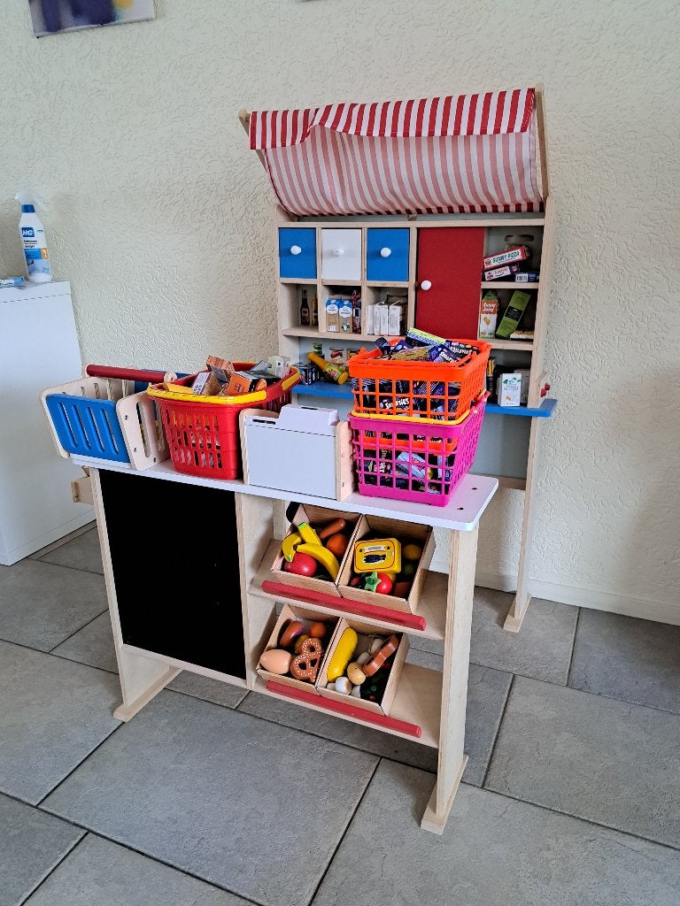 Speelgoedwinkel met kassa, manden en meer toebehoren winkel, Ophalen, Gebruikt, Hout, Speelkeuken