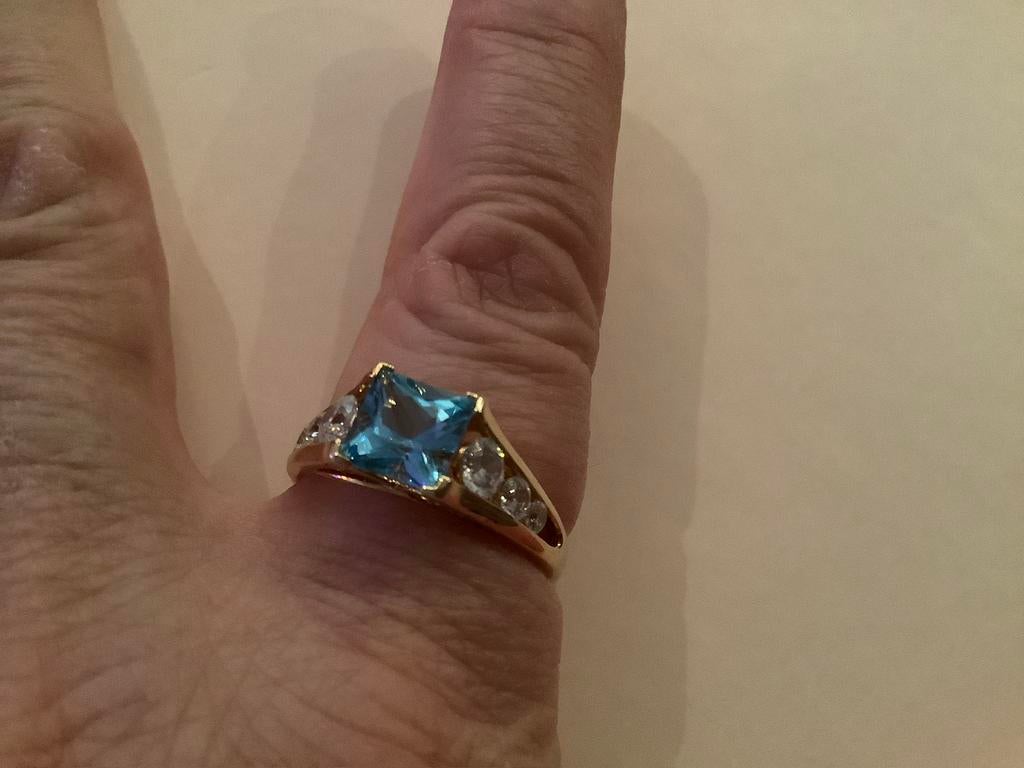 Vintage gouden ring Aquamarijn Briljant geslepen zirkoon 14, Verzenden, 19 tot 20, Zo goed als nieuw, Met edelsteen