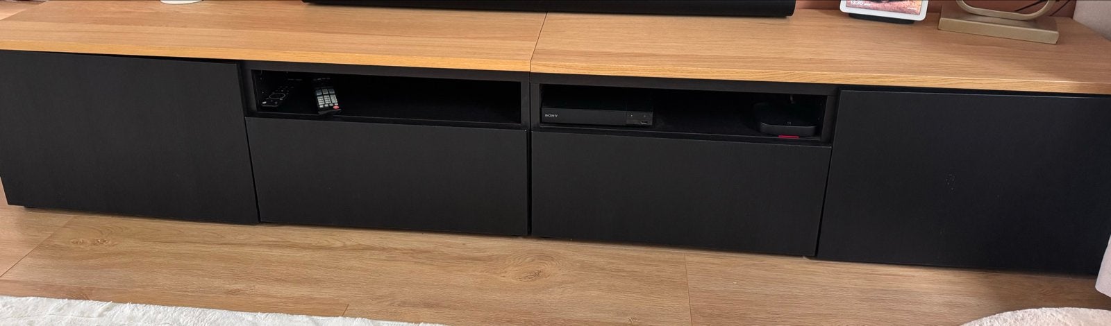 Besta TV-meubel/dressoir van 2.40 breed, zwart met hout, Ophalen, Gebruikt, 100 tot 150 cm, Minder dan 100 cm