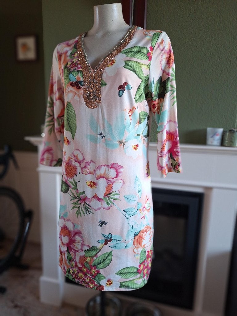 K-Design K design zacht oranje bloemen jurk M, Kleding | Dames, Maat 38/40 (M), K-design, Knielengte, Gedragen