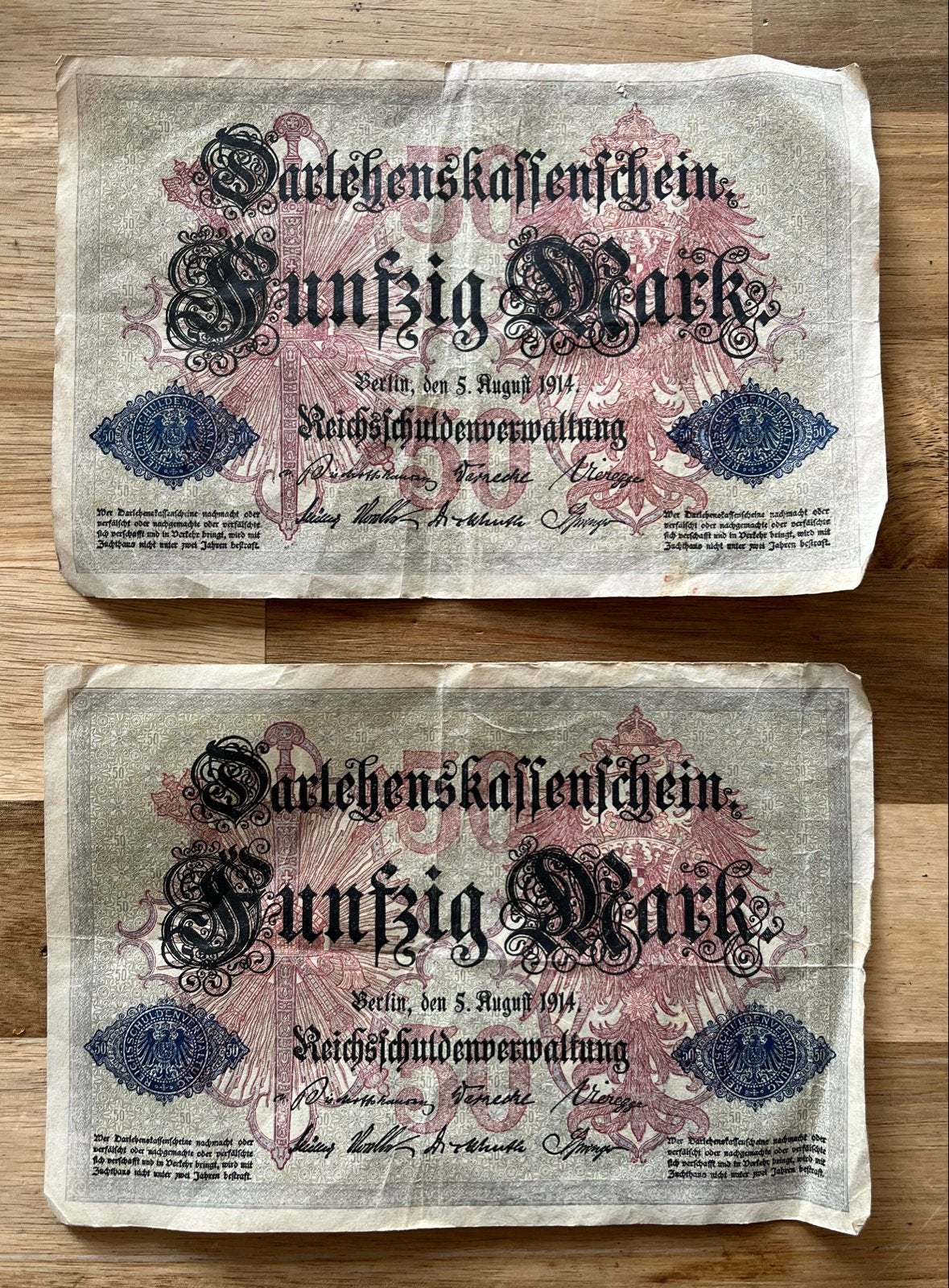 2x 50 Duitse Marken biljetten - 5 augustus 1914, Ophalen of Verzenden, Duitsland, Setje