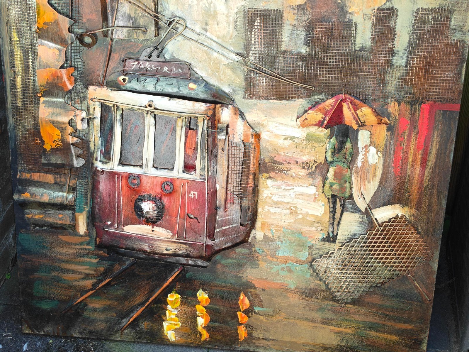 Metalen schilderij 3D tram 100x100 cm, Ophalen, Zo goed als nieuw, Schilderij