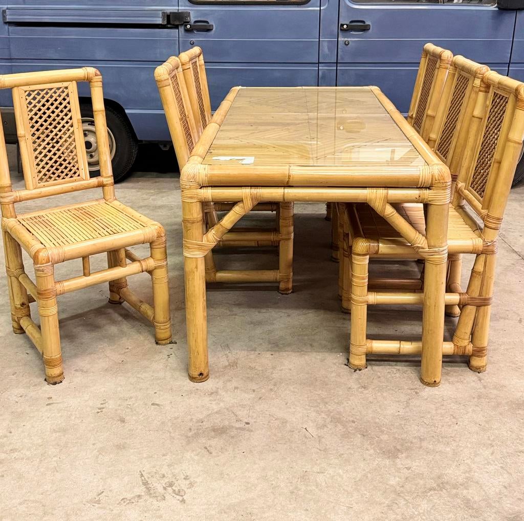 Vintage bamboe eethoek – tafel met 6 stoelen, Tuin en Terras, Tuinsets en Loungesets, Ophalen, Rotan, 6 zitplaatsen, Zo goed als nieuw