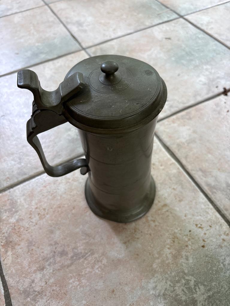 Antieke tinnen bierpul met deksel, Ophalen of Verzenden