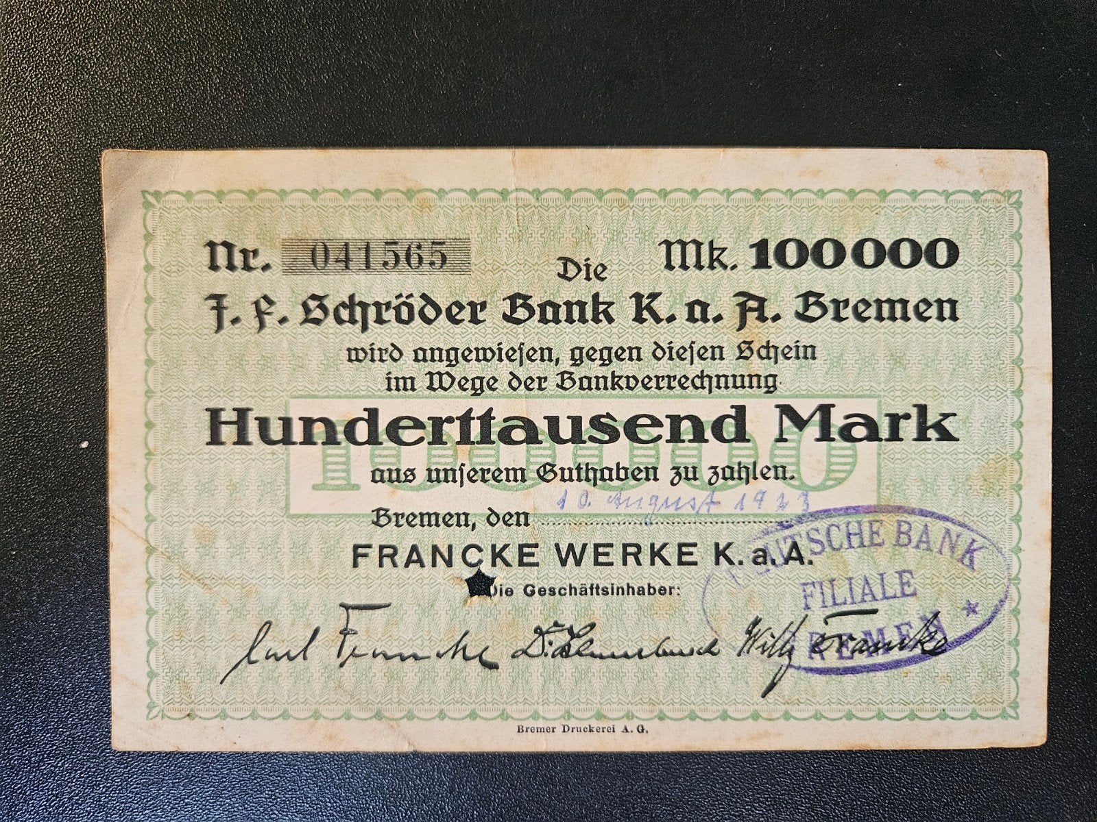 Duitsland Bremen Bremen 1923 100000 Mark, Ophalen of Verzenden, Duitsland, Los biljet
