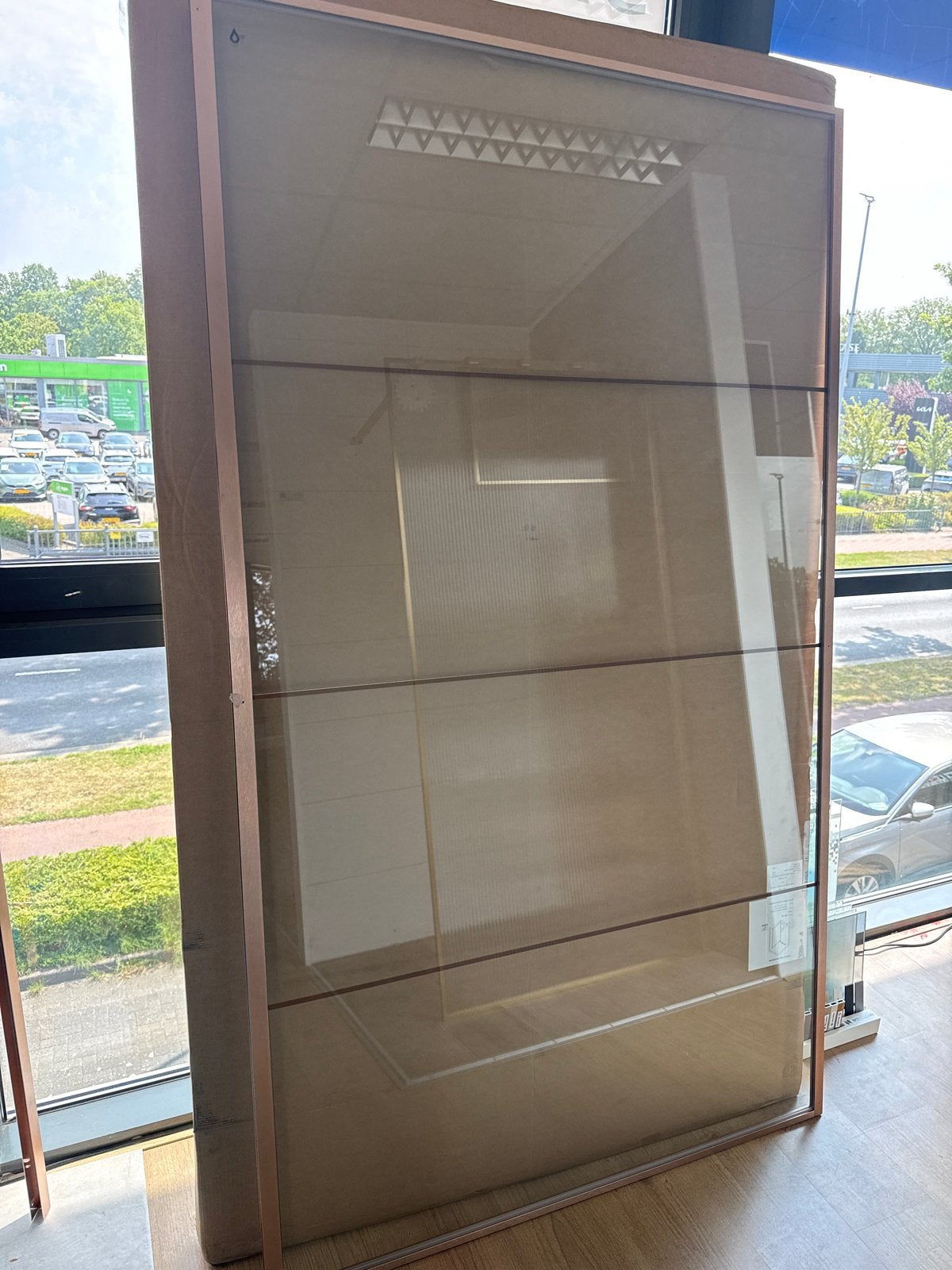 4 vaks glazen inloop koper kleur, Huis en Inrichting, Kasten | Vitrinekasten, Ophalen, 100 tot 150 cm, 200 cm of meer, Minder dan 25 cm