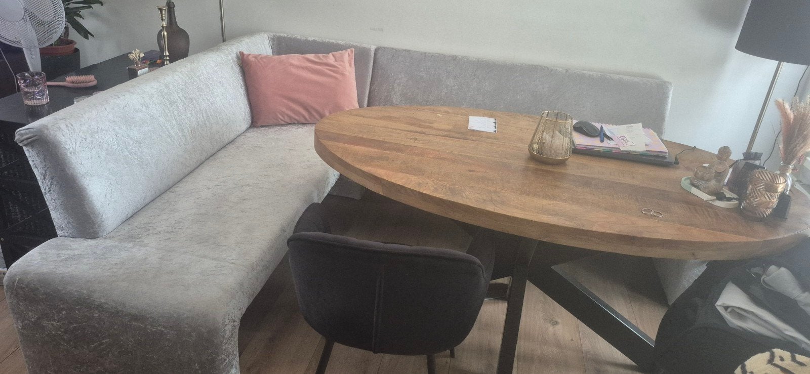 Eettafel Hoekbank - Grijs Stof, Ophalen, 250 tot 300 cm, Gebruikt, Hoekbank