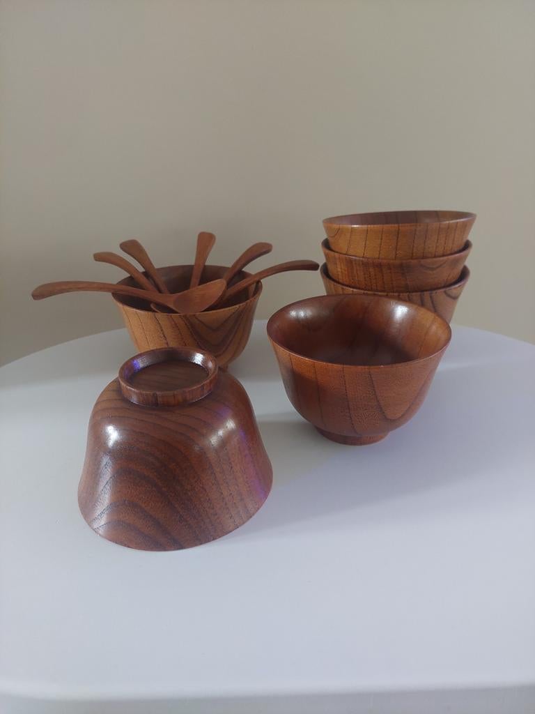 4 houten kommetjes met lepel Japanse stijl, Ophalen of Verzenden, Aardewerk, Overige stijlen, Kom(men)