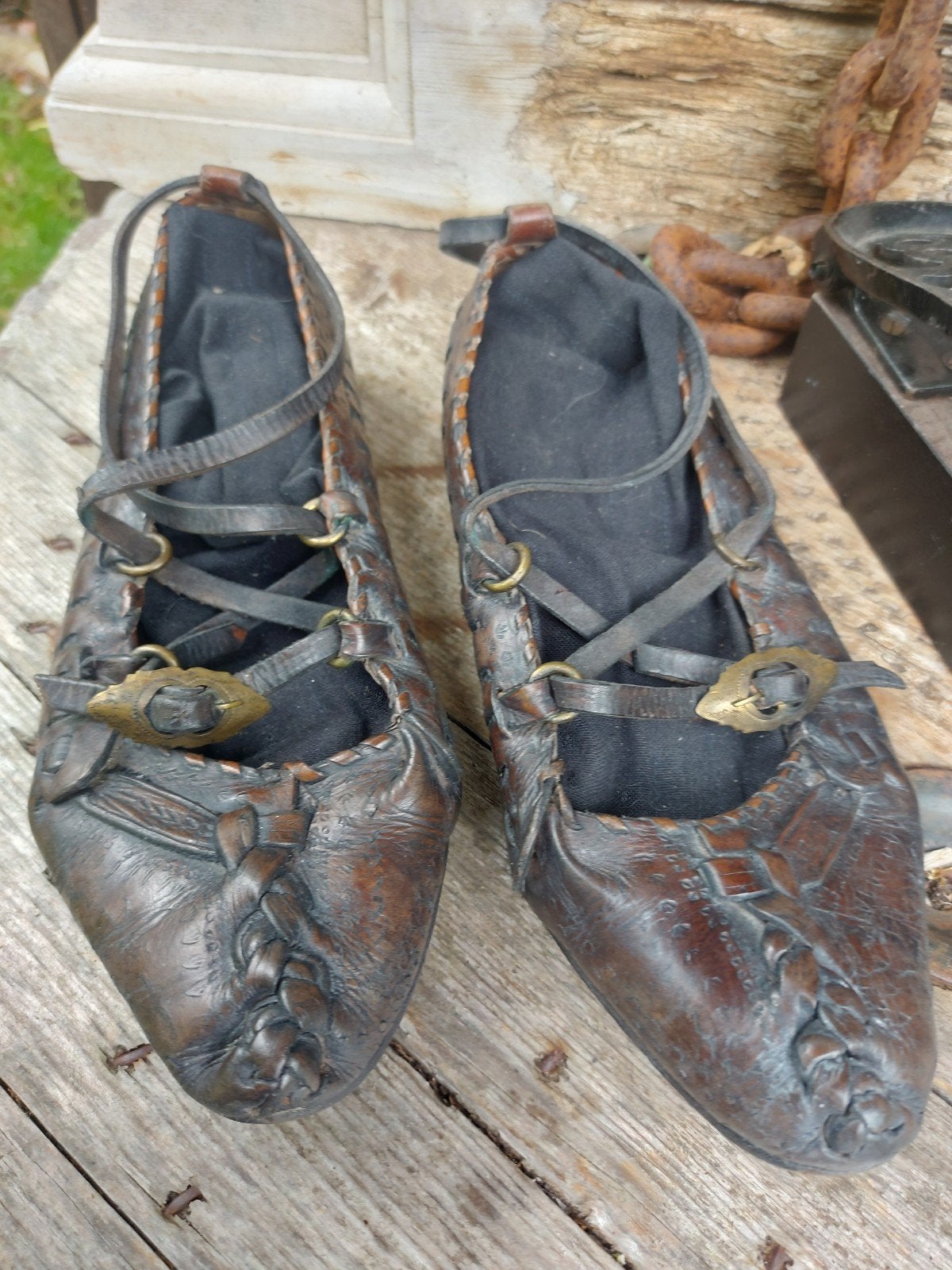 Antieke leren schoenen met gesp en 1 presentatie standaard, Ophalen of Verzenden