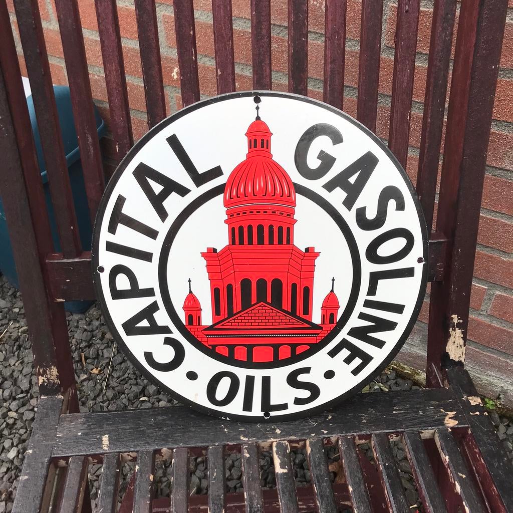 Capital Gasoline emaille bordje, Ophalen of Verzenden, Gebruikt, Reclamebord