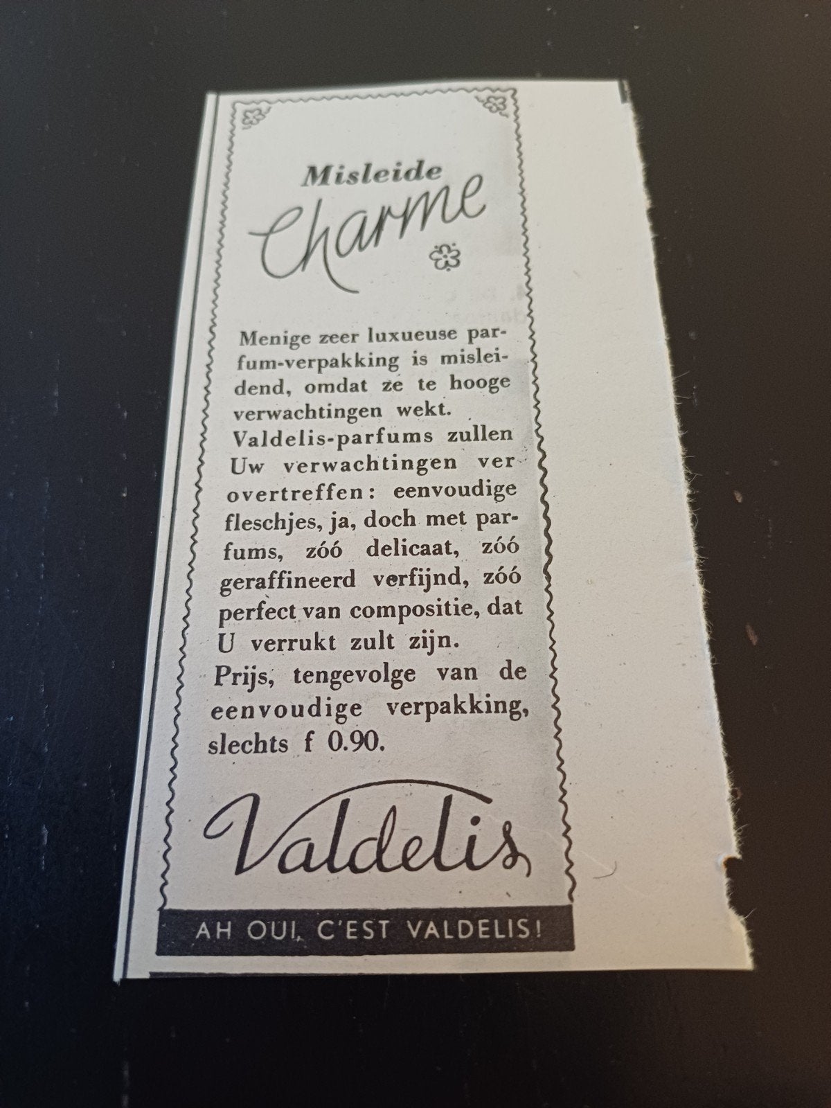 advertentie Valdelis parfum misleide charme 1946, Ophalen of Verzenden, Zo goed als nieuw, Miniatuur