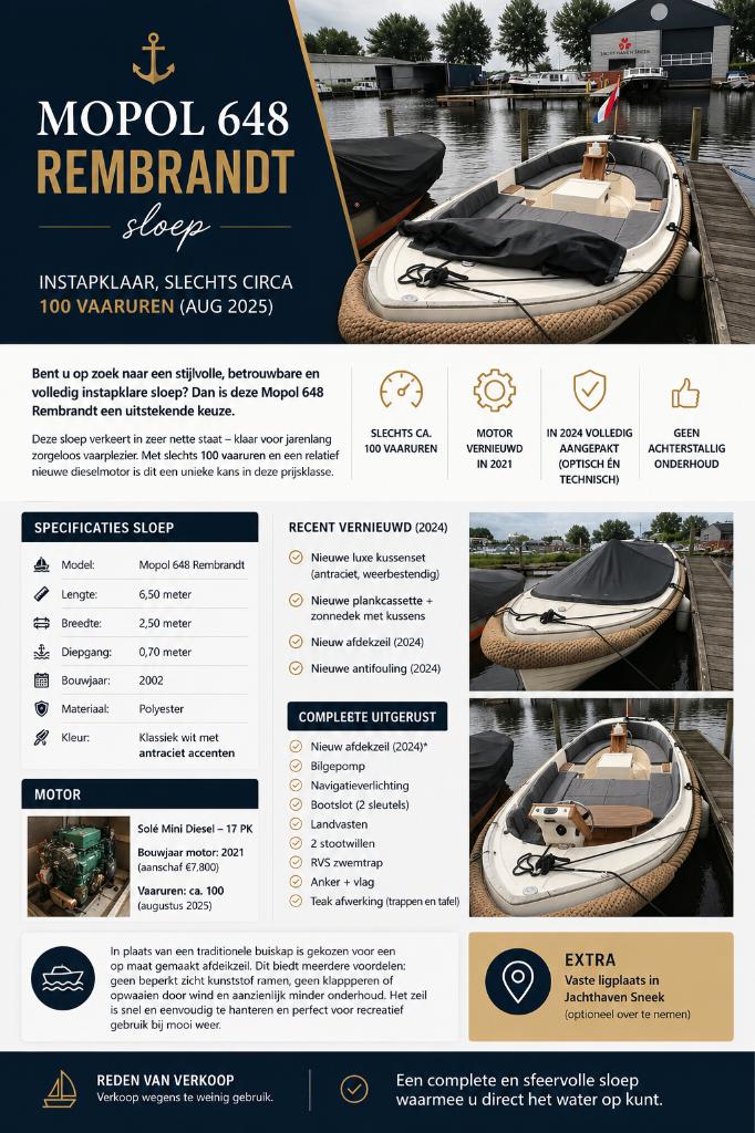 Mopol 648 Rembrandt Sloep (weinig vaaruren), Watersport en Boten, Sloepen, Binnenboordmotor, Diesel, Zo goed als nieuw, Polyester
