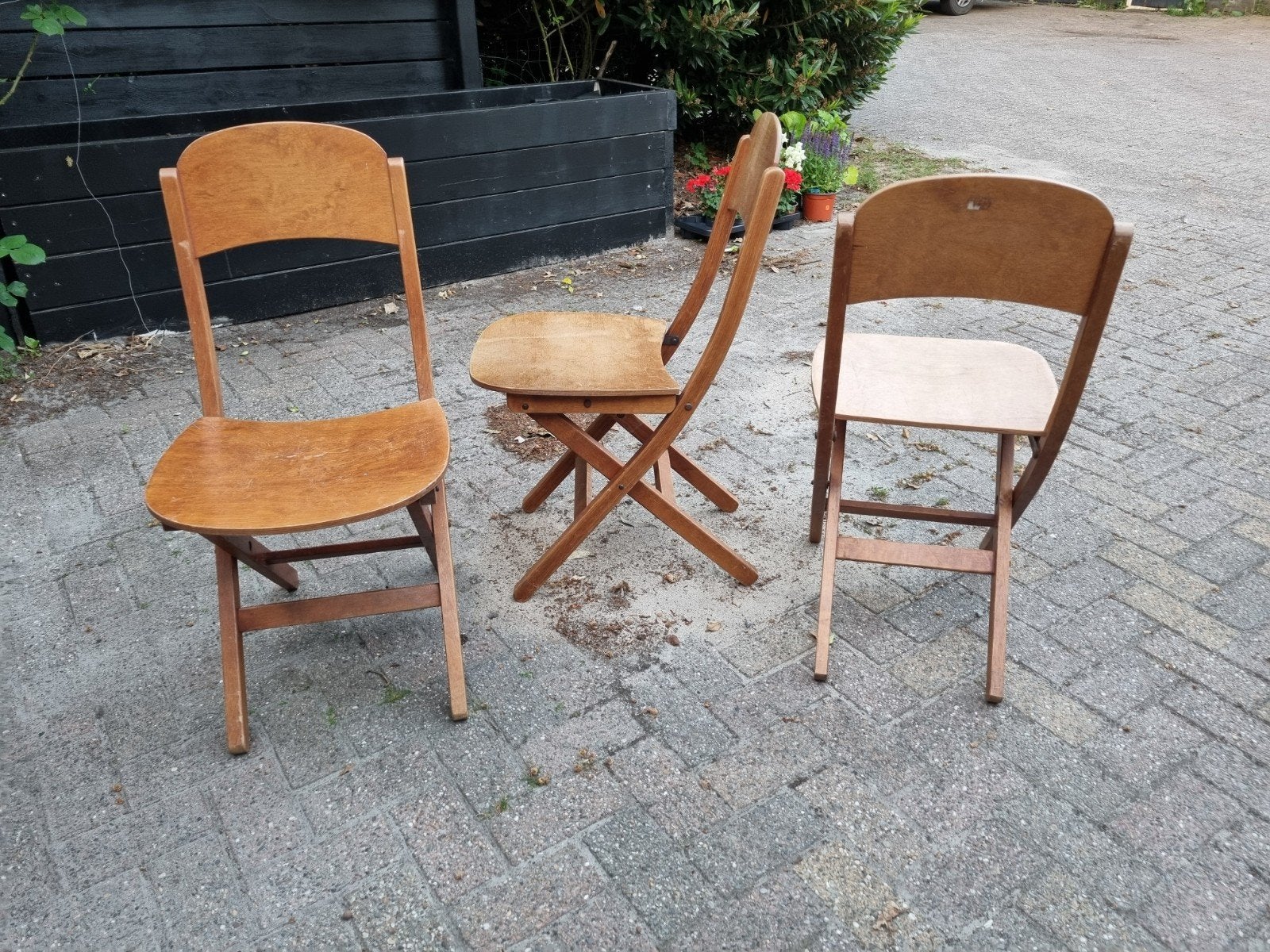 3 x vintage jaren 60 houten klapstoel, Ophalen, Gebruikt, Bruin